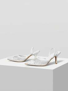 MOTF NEW WHITE POINTED THIN HEEL DIAMOND MESH LACE FASHIONABLE AND ELEGANT WOMEN'S HIGH-HEELED SHOES - White - View 10