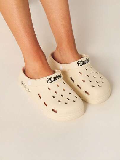 Missguided x Playboy Collaboration Cream Perforated Platform Home Slippers With Adjustable Heel Strap Casual Indoor Footwear