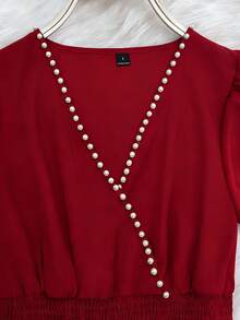 Franclia Women's Dark Red Elegant Summer Crossover V-Neck Dress,Short-Sleeved Beaded Trim Pleated Hem Gathered Waist,Dining Wedding Guest Graduation Party Gown - Red - View 3
