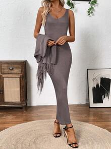 Louniche Conjunto de dos piezas para mujer con diseño calado, poncho, chal con flecos, vestido suéter sin mangas sexy y casual para primavera/verano - Gris - Ver 5