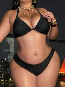 Swim SXY Plus Size European And American Style Swimwear Set, Halter Deep V Backless Mesh Sheer Beach Cover Up For Women - Black - View 6
