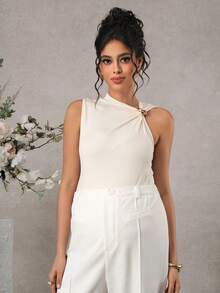 SHEIN SHEI Pregnant Women's Elegant Silky White Summer Maternity Top,Ruffle Shoulder Button Decor Fitted Outfits For Baby Shower,Pregnancy Photoshoot - Apricot - View 7