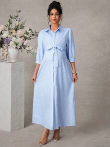 SHEIN 孕妇休闲条纹印花长袖衬衫裙 - 淺藍色 - 查看 4