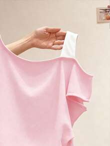 Resyla 女士不对称肩部二合一短袖T恤，夏季 - 粉色 - 查看 3