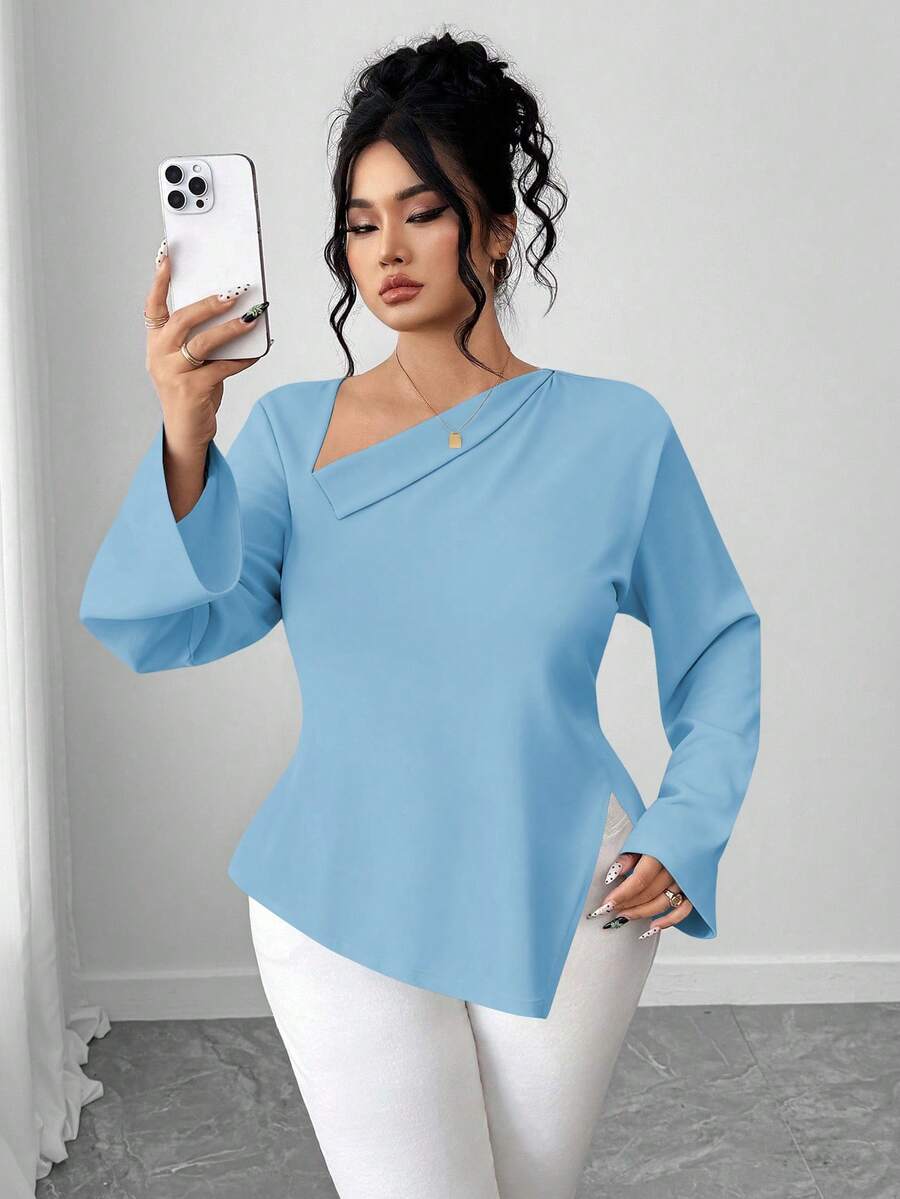 Elenzga Camisa de mujer talla grande con cuello oblicuo, abertura en la espalda y lazo - Azul - Ver 1