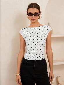 Lymera 春夏新款女装时尚休闲百搭白色底黑色波点印花柔软舒适高弹腰褶皱修身T恤 - 彩色 - 查看 3