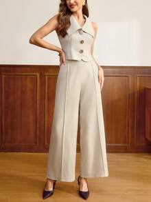 Vintamour Vintage Elegant Women's Suit Set Light Beige,Summer Lapel Metal Button Vest With Pockets & Casual Trousers,Office Work Wear Vacation Outfit Sets - Beige - View 6