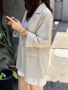 FRIFUL 女士春夏棉质条纹宽松休闲西装外套 - 杏色 - 查看 2