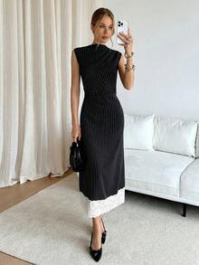 Siren Gaze Damen gestreiftes Spitzen-Patchwork elegantes tailliertes langes Kleid, geeignet für Dates und Partys - Schwarz - Übersicht 6