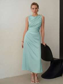MOTF PREMIUM ELEGANT BUTTERFLY METAL DECOR RUCHED MIDI DRESS, SUITABLE FOR DATES AND EVERYDAY WEAR - Mint Blue - View 6