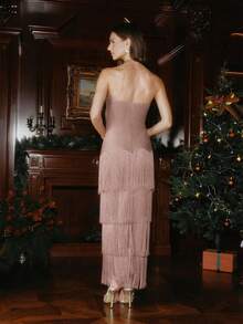 Women's Autumn/Winter New Arrival Heavily Embellished Rhinestone Tassel Bandeau Dress - Dusty Pink - View 2