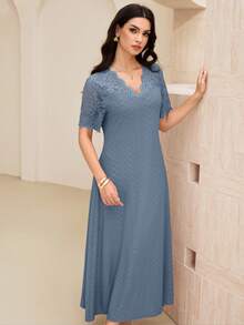 Lacomfia V-Neck Contrast Lace Textured Knit Mid-Length Dress For Women - Blue - View 7
