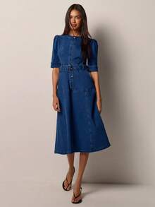 COSMINA Women's Spring/Summer Lightweight Blue Denim V-Neck Button-Front Mid-Length Waist-Cinched Straight Denim Dress - Blue - View 4