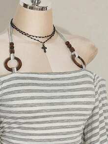 SHEIN ICON 大码女式 Y2K 复古条纹露肩喇叭袖吊带时尚 T 恤，前卫街头风，休闲喇叭袖露肩条纹针织上衣 - 彩色 - 查看 6