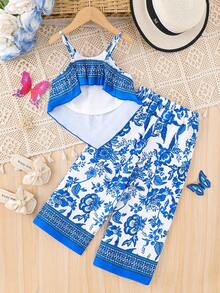 SHEIN 2pcs Young Girl Ditsy Floral Sleeveless Top And Pants Set - Multicolor - View 4