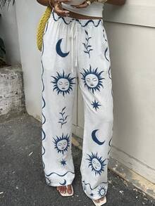Aloruh 度假印花弹力腰直筒休闲裤阔腿裤女高腰夏季裤女夏季套装女度假套装女沙滩装，蓝白印花长裤 - 藍白色 - 查看 7