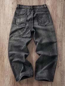 Manfinity Joysei 男士街头时尚昆虫刺绣做旧水洗直筒宽松牛仔裤 - 黑色 - 查看 2