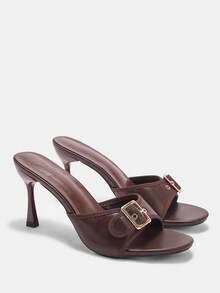 CUCCOO CURVES Women Shoes Wide Fit Fashion Round Toe Stiletto Brown Buckle Peep Toe Simple Classic Daily Comfort Fattened High Heel Women Sandals Slippers Plus Size - Coffee Brown - View 2