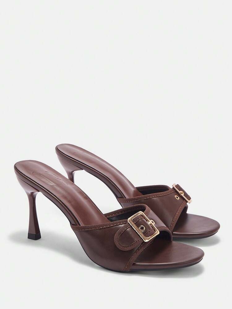 CUCCOO CURVES Women Shoes Wide Fit Fashion Round Toe Stiletto Brown Buckle Peep Toe Simple Classic Daily Comfort Fattened High Heel Women Sandals Slippers Plus Size
