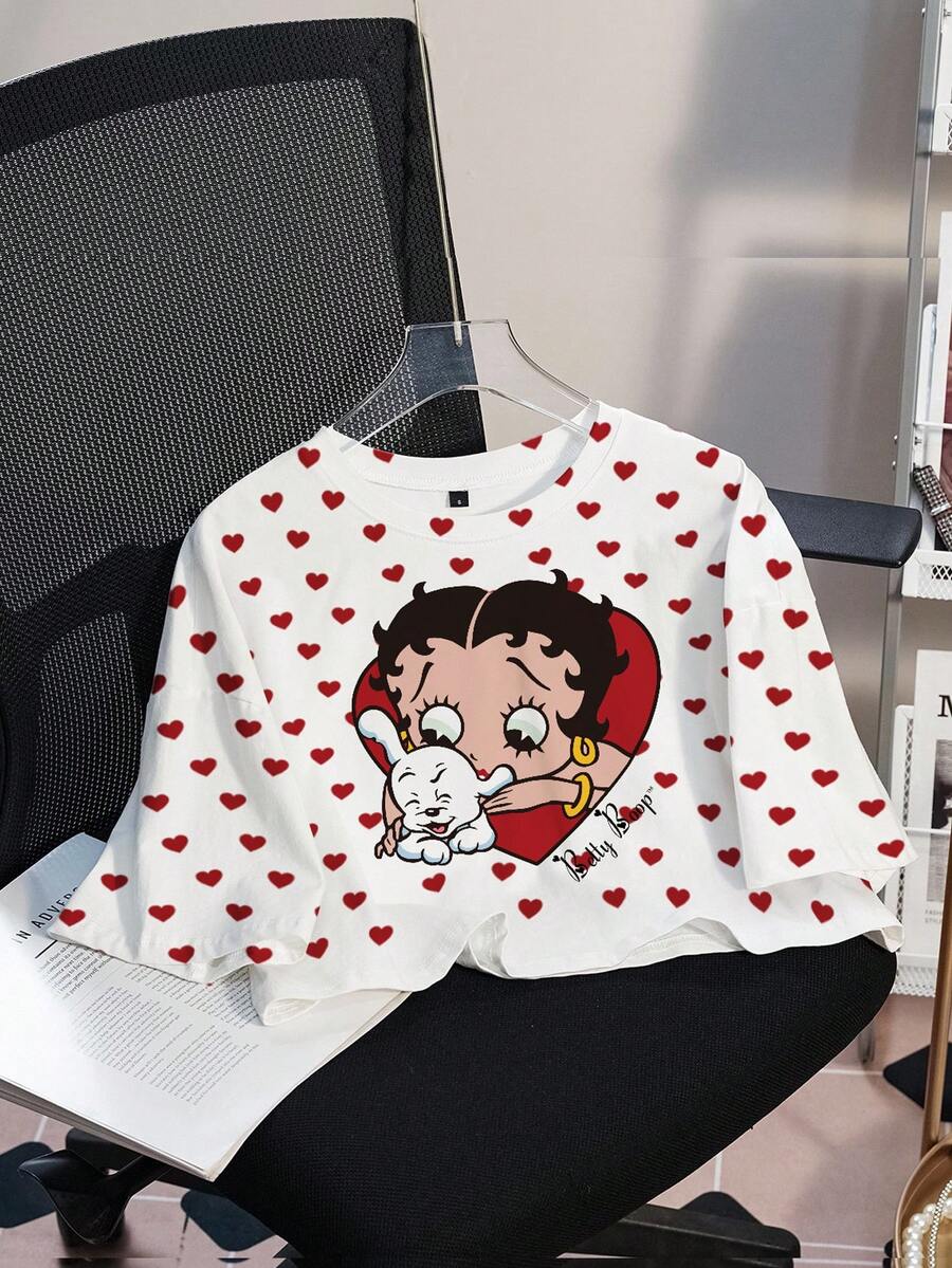 Betty Boop x SHEIN Áo thun croptop nữ - trắng - Xem 1