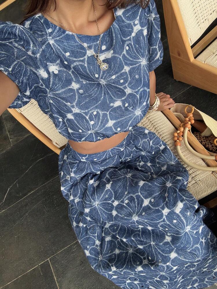 Floral Print Cropped Puff Sleeve Blouse & A-Line Pleated Skirt Casual Summer 2-Piece Set For Women Boho