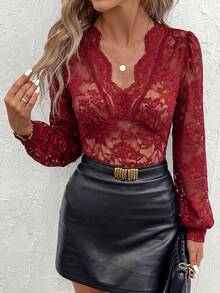 SHEIN Clasi 女士豹纹蕾丝V领长袖连体衣 - 紅色 - 查看 6