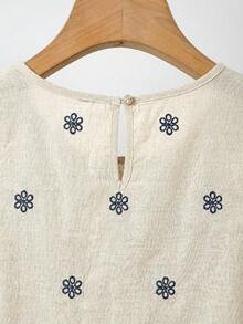 SHEIN Clasi 优雅女士纯色纹理褶皱上衣和花朵阔腿裤套装 - 藏蓝色 - 查看 12