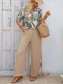 EMERY ROSE Women's Tropical Plant Print Shirt And Wide Leg Pants Casual 2 Pieces Set - Multicolor - View 1