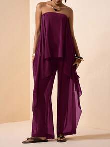 Zivah 2026春夏新款音乐节、复活节、圣帕特里克节、情人节、约会、西部风、游牧风、生日派对、毕业典礼、大学、学生、日常穿着、基础搭配、休闲、度假、邮轮、海滩、日光浴、爆款、街头风、婚礼宾客、通勤、早午餐、机场、派对、假日郊游、办公穿着雪纺荷叶边无袖上衣和裤子棕色两件套 - 紫色 - 查看 4