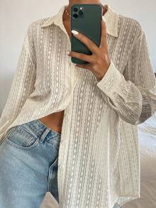 DAZY 女士宽松镂空翻领衬衫 - 白色 - 查看 9