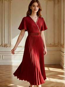 Franclia Women's Dark Red Elegant Summer Crossover V-Neck Dress,Short-Sleeved Beaded Trim Pleated Hem Gathered Waist,Dining Wedding Guest Graduation Party Gown - Red - View 5