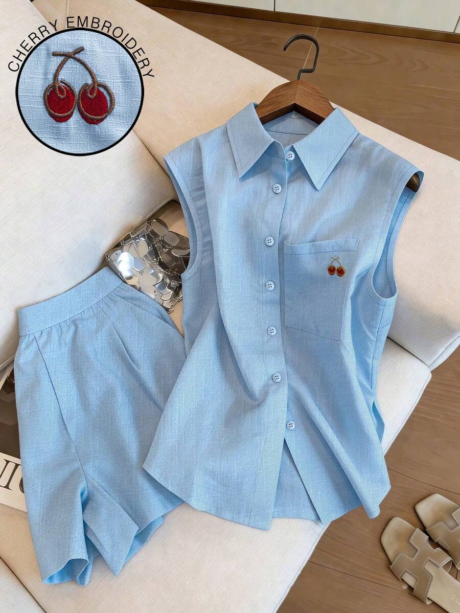 Airaco Bộ đồ nữ mùa hè kiểu dáng thường ngày, áo tank top và quần short màu trơn, gồm 2 món. - Màu xanh nhạt - Xem 1