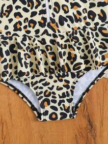 SHEIN Baby Girls' Cute Leopard Print Ruffle Trim One-Piece Swimsuit, Suitable For Summer Beach Vacation - Yellow - View 5