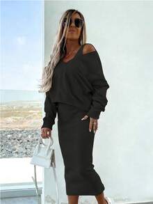 INAWLY 2pcs Casual Solid Color Sweatshirt & Dress Set - Black - View 3