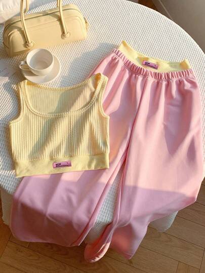 Tween Girls Casual All-Match Versatile Nordic Style Comfortable Knit Sleeveless Cropped Top + Contrast Waistband Sweatpants Set