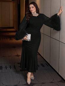 Modelyn Vestido de línea A con volantes en la cintura, mangas acampanadas de malla de unicolor elegante, talla grande, adecuado para primavera y otoño - Negro - Ver 4