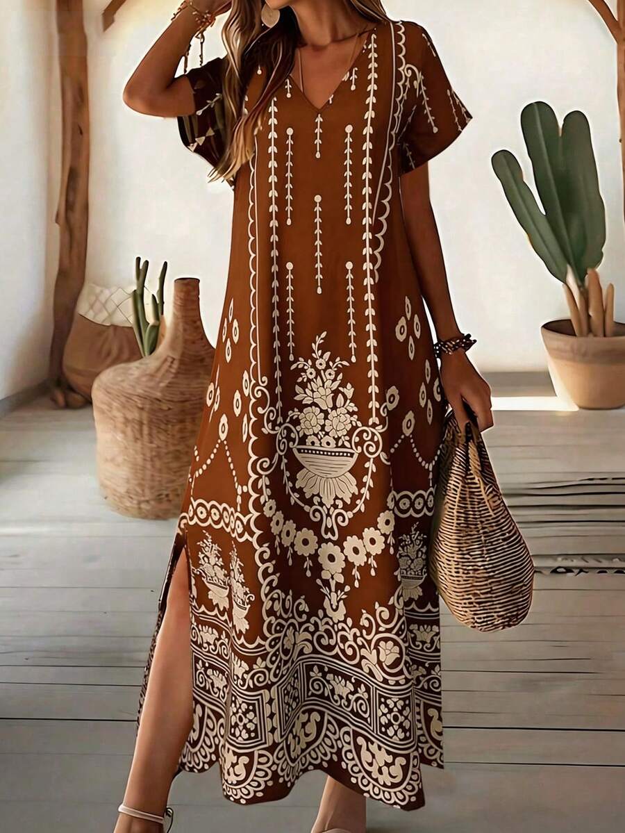EMERY ROSE Đầm ngắn tay in họa tiết dáng maxi dành cho nữ cỡ lớn, thích hợp mặc hàng ngày. - màu nâu - Xem 1