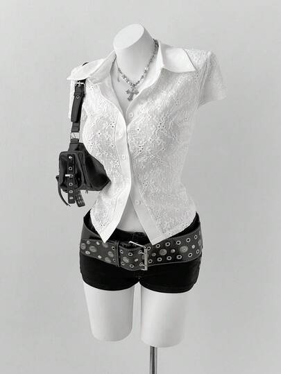 Sunspun Plus Size Solid Color Patchwork Jacquard Hollow Out Slim Fit Short Sleeve Shirt