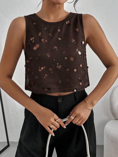 Siren Gaze Women's Casual Festival Mesh Sequin Cropped Tank Top Brown Crop Top Dark Brown Top Mesh Crop Top Brown Summer Top Shiny Sequin Banquet Camisole For Women Sequin Top Sparkly Shiny Summer Top Spring Outfit Women Easter Elegant Party Top Wedding Top Graduation Top Vacation Holiday  Formal Work Outfits For Women  Social Blouse Office Outfits For Women Summer Beach Vacation Boho Tropical Vacation Concert Rave Festival Country Concert Ibiza Nashville Western Wear Women Western Boho Streetwear Tropical Gyaru Western Wear Women Western Gyaru Cute Summer Tops  Strappy Sequin Spaghetti Strap Top Spring Summer Ibiza Y2k Cool Girl Festival Rave Vacation Club Cute Fall Party Chic Sweater Spring Summer Vacation Carnival Holiday