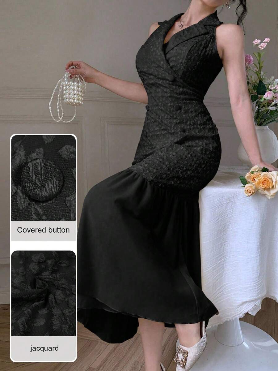 Modelyn Elegant Blazer Collar Double-Breasted Chiffon Patchwork Jacquard Yellow Dress - Black - View 1