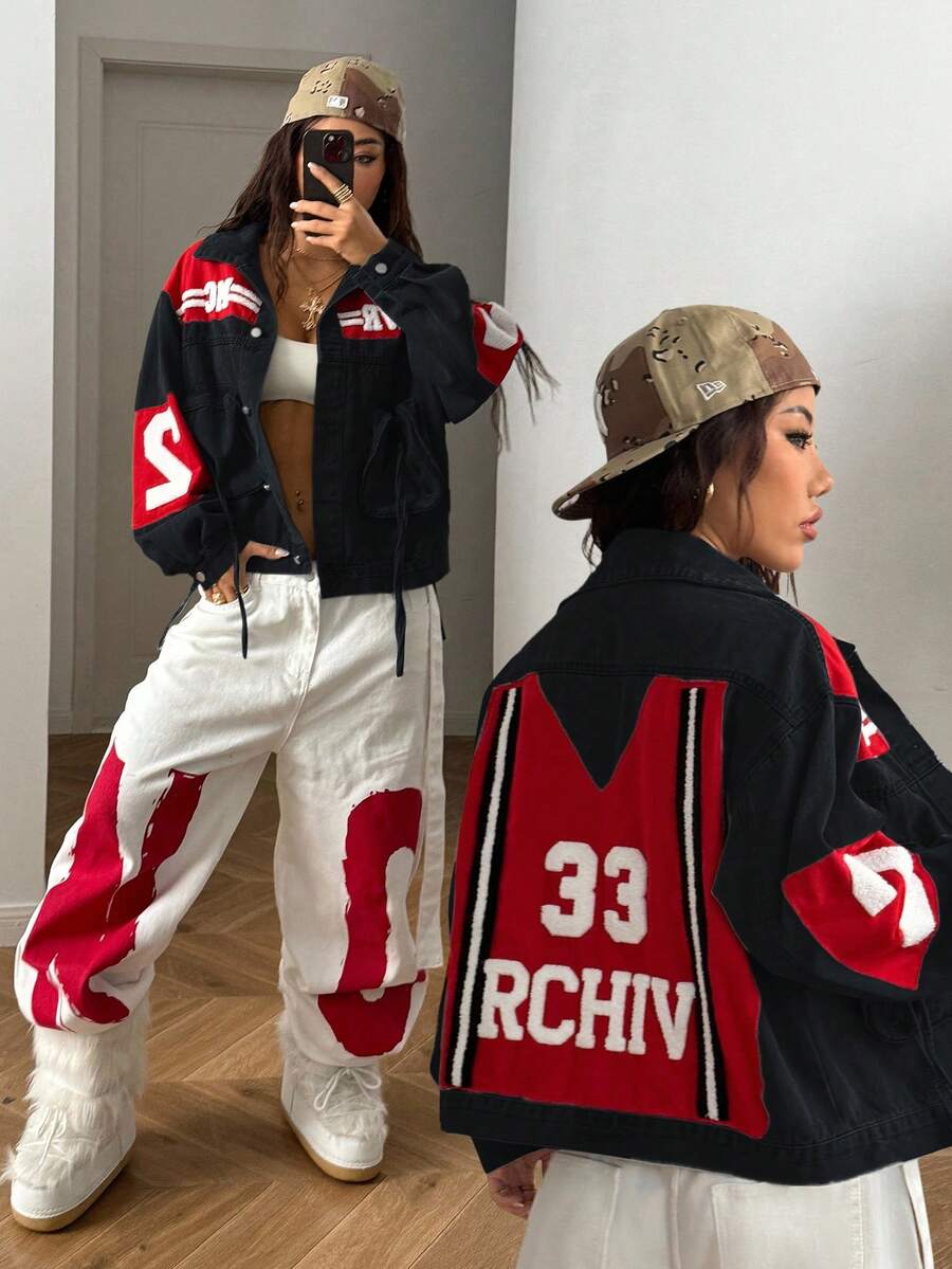 StreetHx Chaqueta vaquera casual de mujer con bloqueo de color, estampado de letras, manga larga y hombros caídos con un solo botonadura - Multicolor - Ver 1