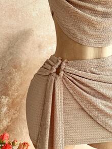 Soleia Bộ đồ 2 món gợi cảm dành cho nữ: Áo hai dây hở lưng và chân váy ngắn, thích hợp cho mùa hè. - Màu Khaki - Xem 5