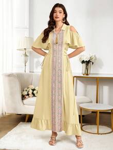 Al Najma Women's Off-Shoulder Ruffle Trim Casual Elegant Tie Strap Arabic Style Dress - Yellow - View 7