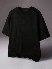 STYNVO Men's Casual Fashion Street Daily Commute Letter Embroidery Drop Shoulder Loose T-Shirt, Summer Men's Oversized T-Shirt Men's Boxy T-Shirt Men's Streetwear Men's Graphic Drop Shoulder Tee Men's Oversized Graphic Tee - Black - View 2