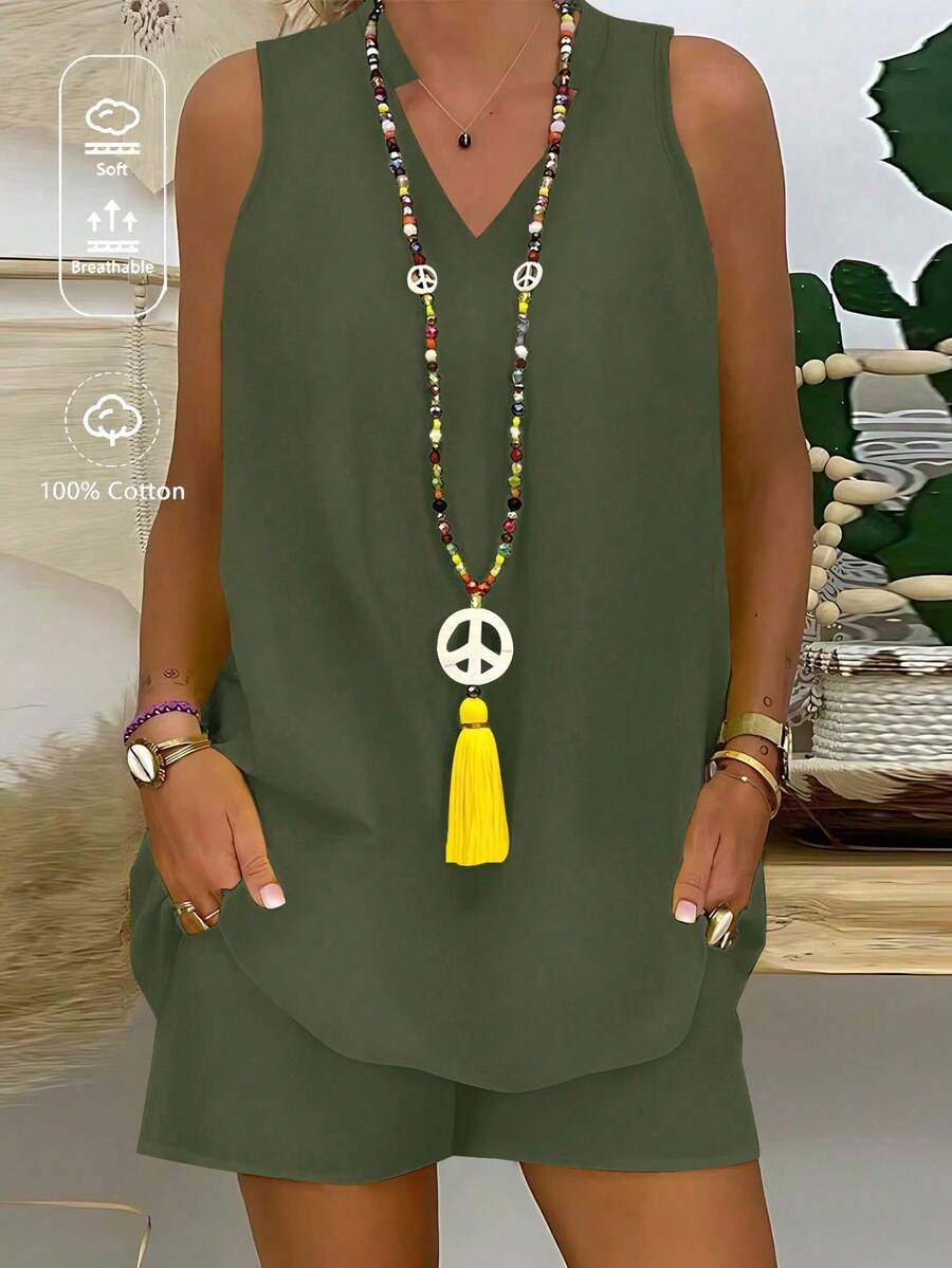 EMERY ROSE Women's Vacation Casual Vintage Solid Color Tank Top And Shorts 2 Pieces Set Ninang Olive Green Summer - Army Green - View 1