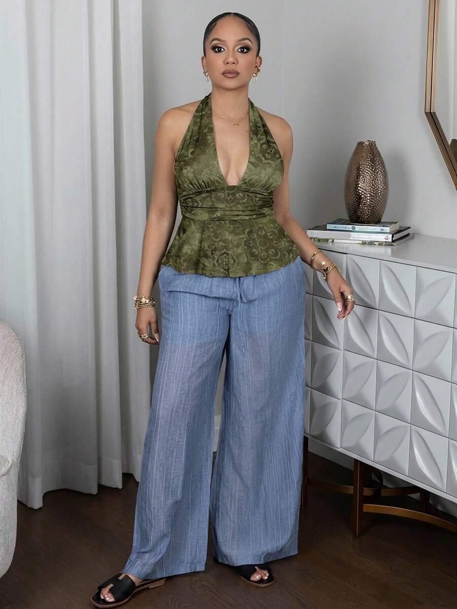 Melissa Matos 女式花卉印花露背深 V 领收腰 A 字形露背吊带背心 - 軍綠色 - 查看 1