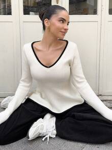 Marta Soriano 性感修身时尚女式撞色滚边长袖收腰针织上衣 - 彩色 - 查看 6