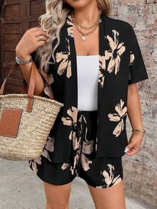 Breezaya Bộ áo sơ mi và quần short in hoa cỡ lớn, trang phục thường ngày cho kỳ nghỉ. - màu đen - Xem 5