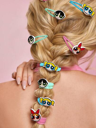 THE POWERPUFF GIRLS X SHEIN Bộ 12 chiếc dây buộc tóc và kẹp tóc hoạt hình dễ thương cho bé gái. Dây chun co giãn, bản rộng và dày, không làm rụng tóc, thích hợp để buộc tóc và tóc mái. Họa tiết hoa, bong bóng và hoa mao lương.