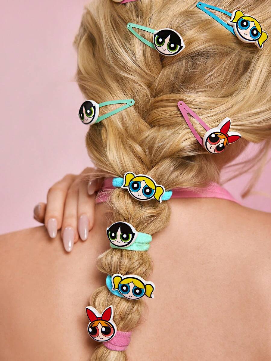 THE POWERPUFF GIRLS X SHEIN 12件套可爱卡通女孩发圈和发夹套装。弹性橡皮筋，加宽加厚，不会拉扯头发，适合扎头发和刘海，花花公子、泡泡和毛毛虫图案。 - 彩色 - 查看 1